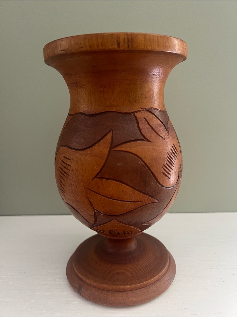 Vintage Hand Carved Hand Turned Wood Vase Two Tone Flower Leaf Boho Home Decor